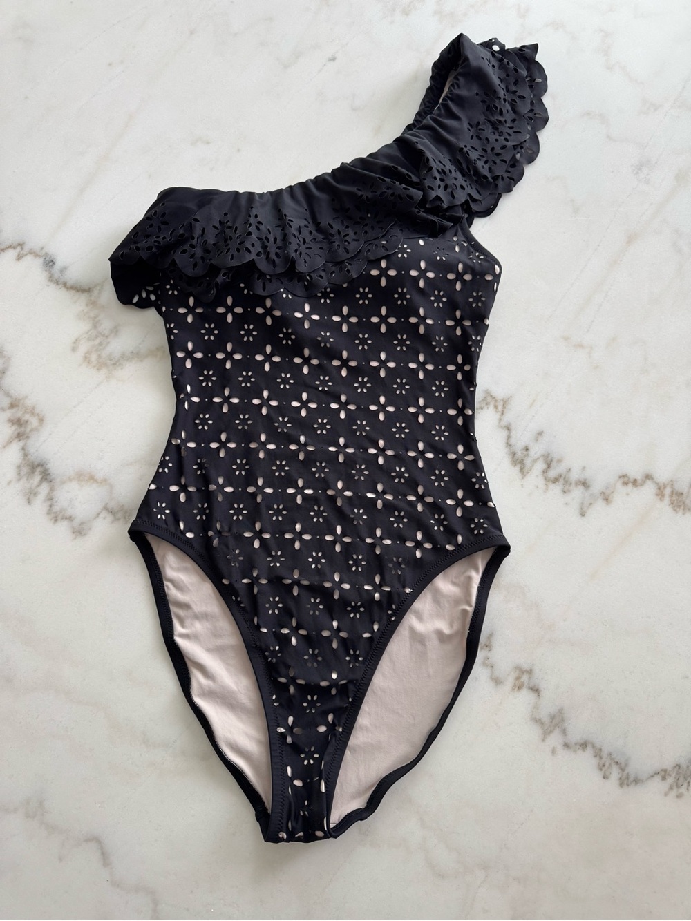 J.CREW One-Shoulder One-Piece Ruffle Laser Eyelet Swimsuit in Black, Size 6